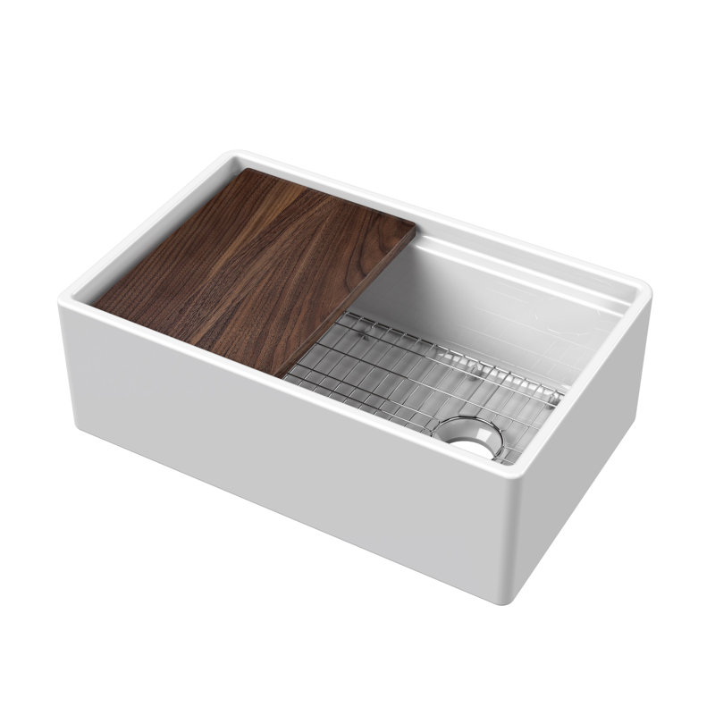 Ensemble d'évier de cuisine en argile réfractaire 30 "avec rebord, grille, planche à découper et déchets Nuie Farmhouse - 30 x 19 x 10"
