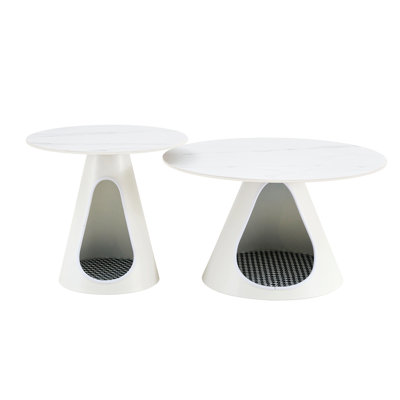 Set Of 2 Coffee Round Table With A Marble-Look Top And 2 Cat Beds -  Ivy Bronx, 7461AD4EF4354351B95CC853A9C962AD