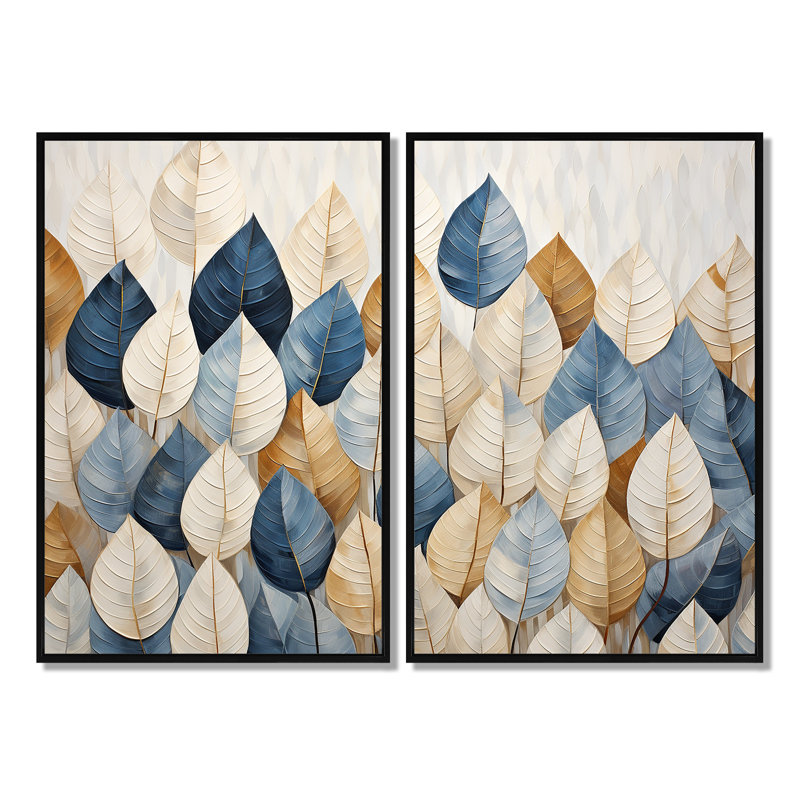Décoration murale beige et bleu minimalisme feuilles I - grandes feuilles, Noir, H 36 po x l 48 po