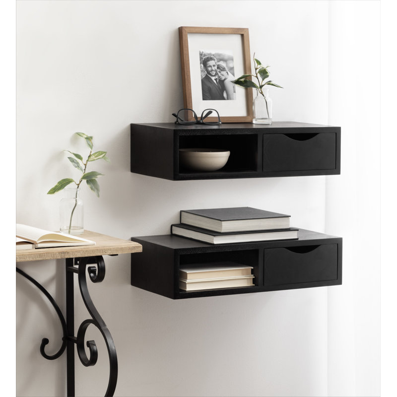 Byata Floating Wall Shelf Side Table with Drawer, Black