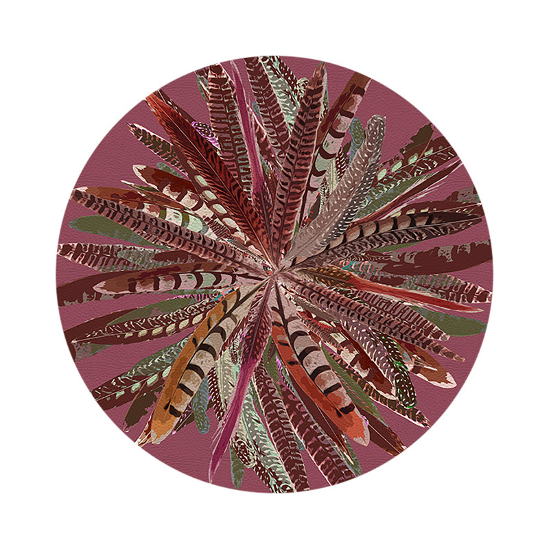 Pheasant Feathers Vegan Leather Round Pebble Placemat, Mauve