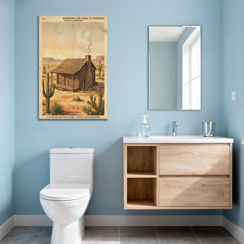 Fashion Western Log Cabin At Morning Desert Landscape, H 36 po x l 24 po
