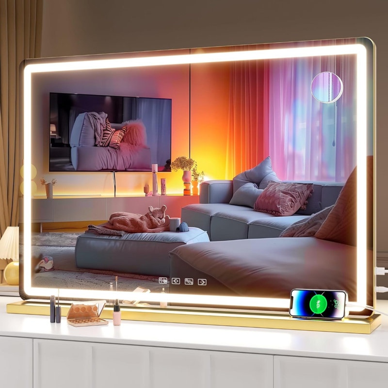 Miroir de maquillage lumineux 32 "X 21,7" avec haut-parleur Bluetooth, haut-parleur Bluetooth, 3 modes de couleurs à intensité variable, port de charge USB, fixation murale ou de table, or rond