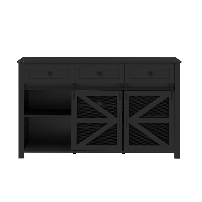 55'' Industrial Sliding Barn Door Sideboard with 3 Drawers, Adjustable Shelves, Metal Mesh & Particleboard Cabinet, Black