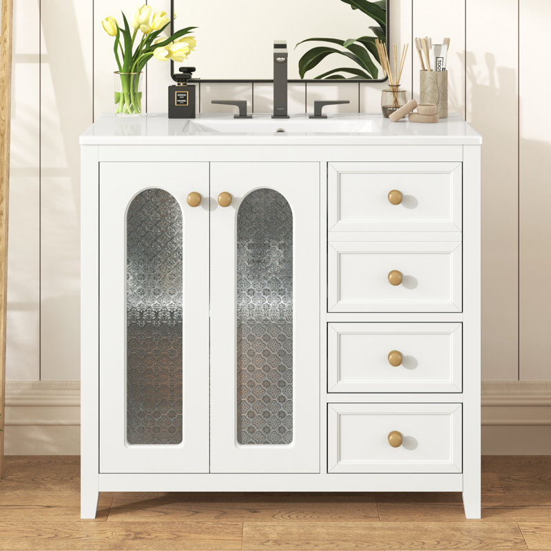 36" Single Bathroom Vanity With Ceramic Sink Top, White