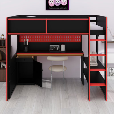 Gaming Loft Bed with Integrated Desk, LED Lighting, and Built-in Charging Station