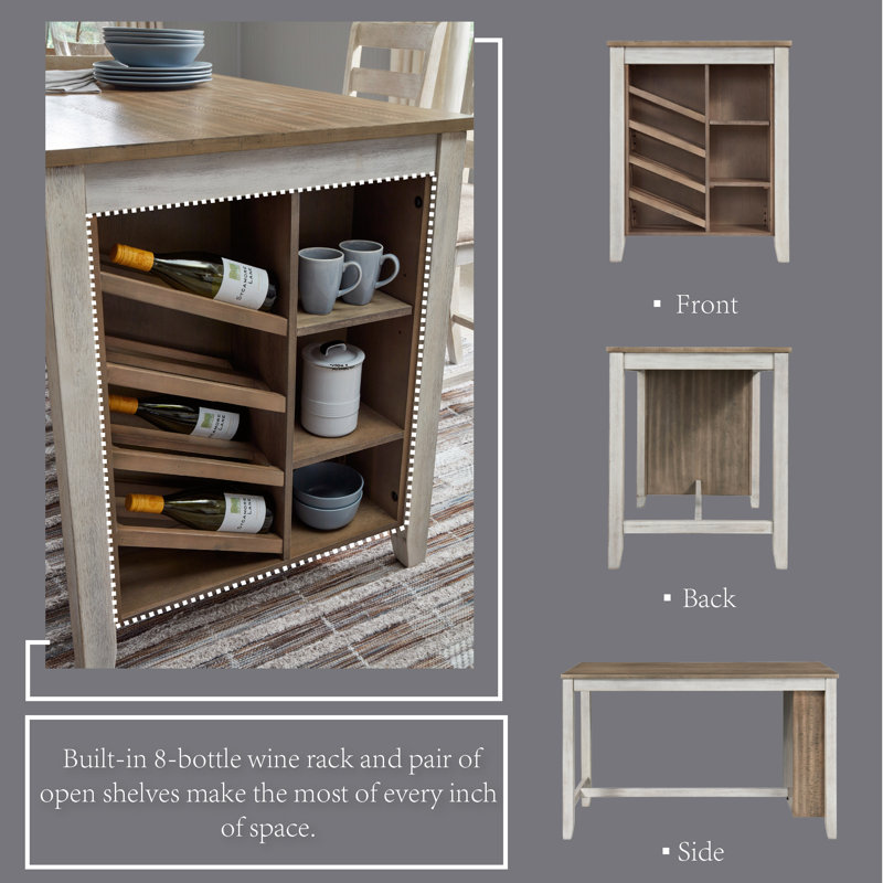 Cottage Charm Grayish White Wood Counter Table with Wine Rack