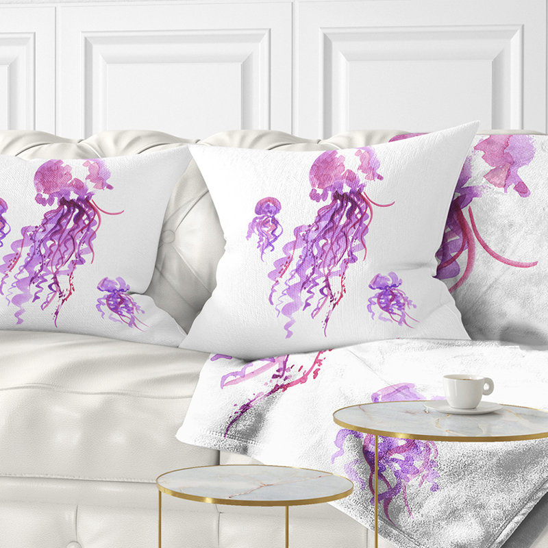 Aquarelle de méduse mauve - coussin imprimé animal, 18 po x 18 po, Coussin décoratif