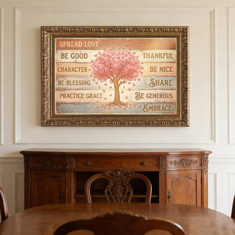 Art mural en toile noyer doré encadré pour le salon, la chambre à coucher, le bureau ou le vestibule - Décoration murale décorative avec arbre en forme de cœur