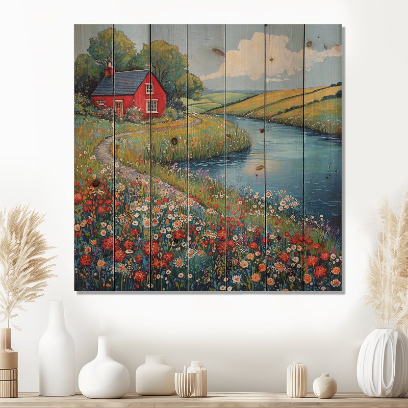Cottage par la rivière I - décoration murale campagne en bois - sur bois de pin naturel, H 36 po x l 36 po x P 0,78 po