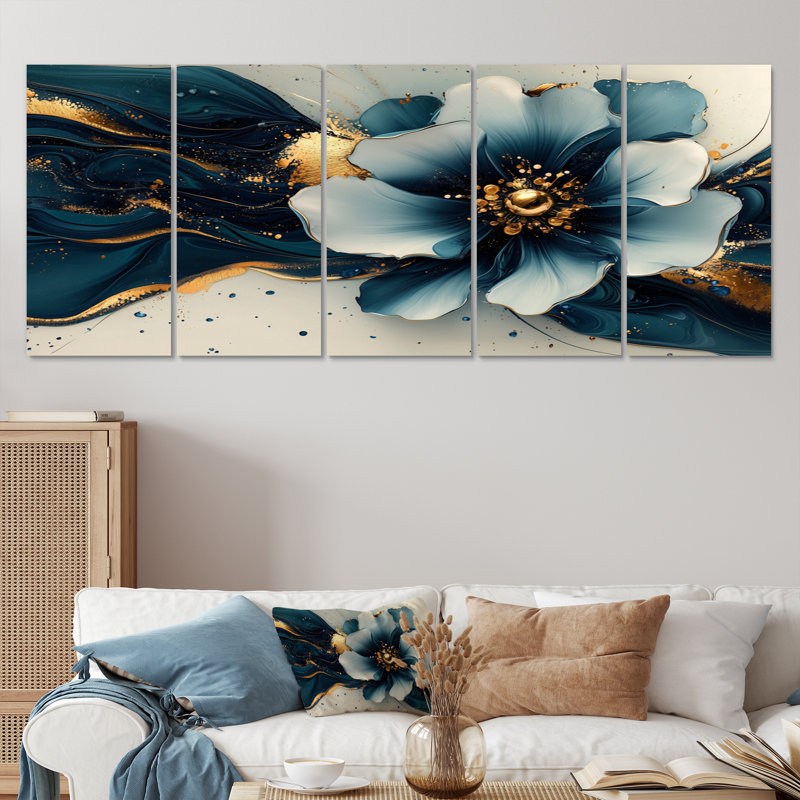 «Golden Arrangement Daisies Ink II» - art mural marguerites - art mural traditionnel pour le salon, H 32 po x l 80 po, 5