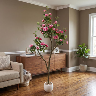 Buissons artificiels de 6 pi avec fleurs roses rouges pour l'extérieur, faux arbres d'automne, plantes artificielles en pots, arbre d'automne rose rouge pour la maison