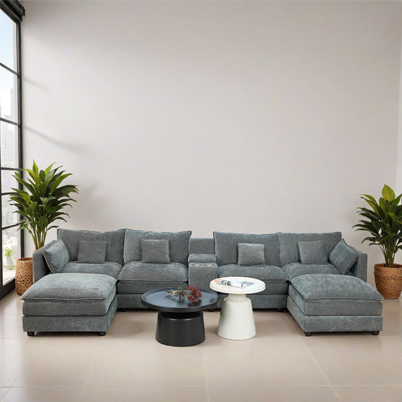 Canapé modulaire en U en forme de U pour salon, canapé modulaire confortable avec repose-pieds mobile en chenille de 144,51 po avec boîte de rangement