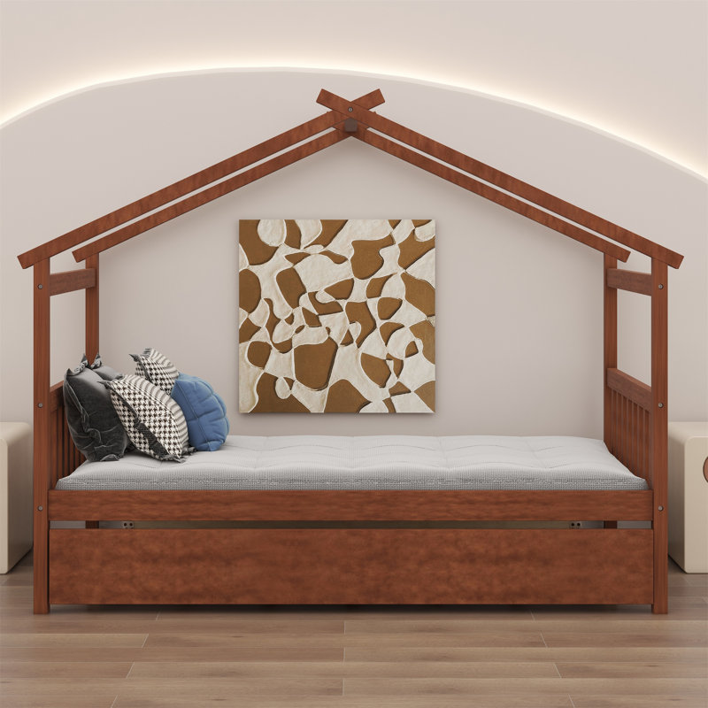Lit en bois avec lit gigogne simple, Noyer, Lit simple