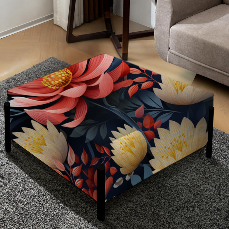 Grand repose-pieds carré jaune et rose à motif floral Fusion Essence