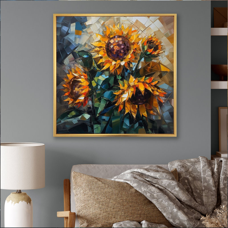Tournesol jaune symphonie V sur toile, H 16 po x l 16 po x P 1 po, Cadre flottant doré
