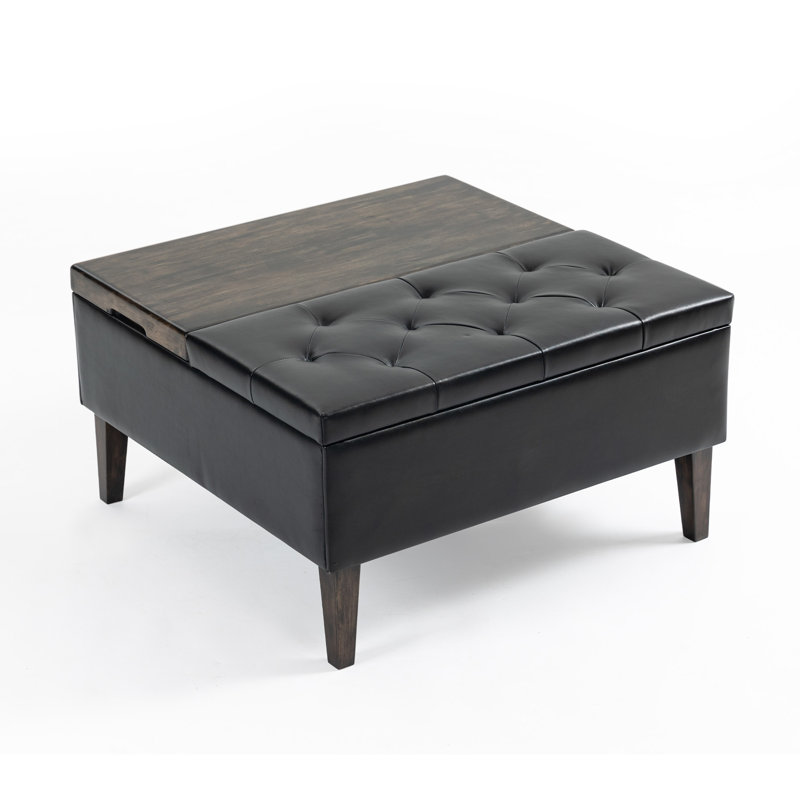 Marcelles 31.5" Solid Wood Faux Leather Square Storage Ottoman, Black Faux Leather