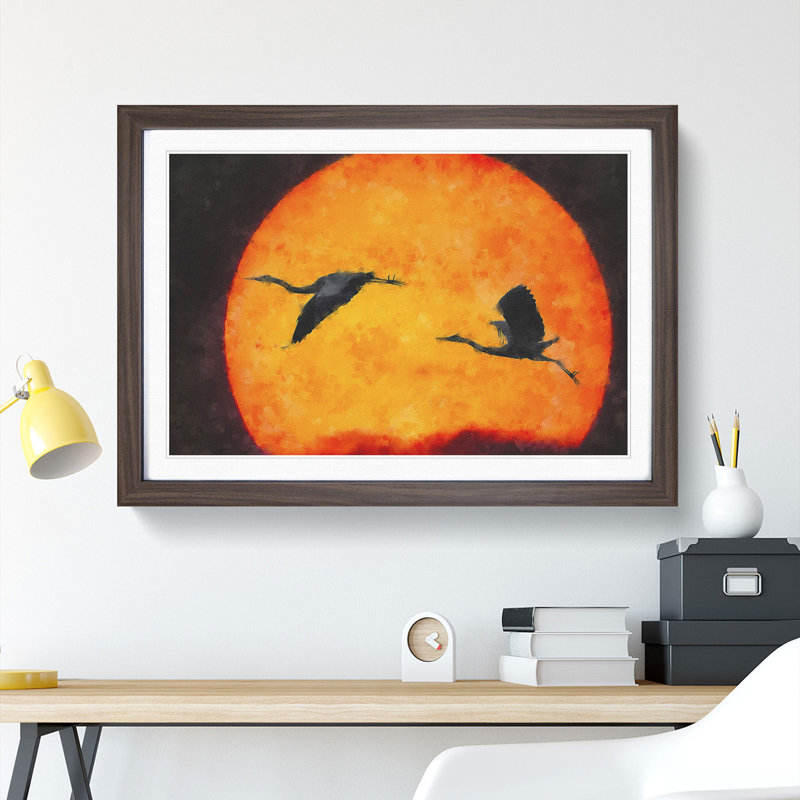 Two Heron Birds in Flight - Picture Frame Graphic Art Print, 62cm H x 87cm W x 2cm D, Walnut Framed