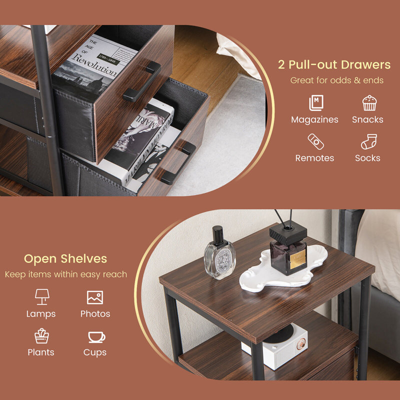 Walnut and Black 2-Drawer Nightstand with Open Shelf