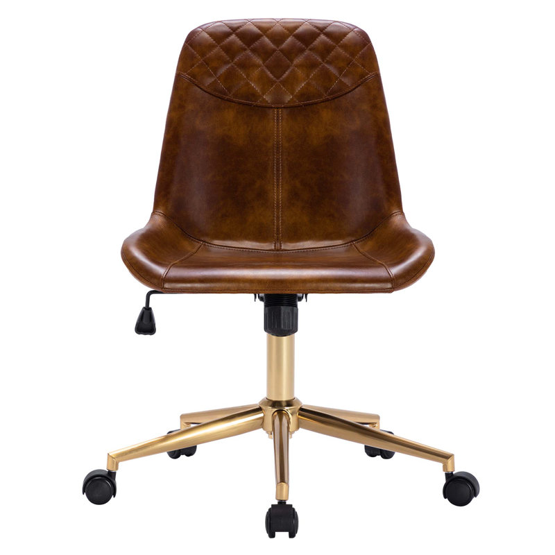 Keavey 23" Wide Leather Mid Back Mid-Century Modern Office Chair , Black, Beige