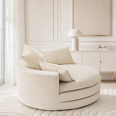 Fauteuil demi-tonneau surdimensionné pivotant à 360 ° avec coussin double couche, tissu en velours côtelé et 3 coussins