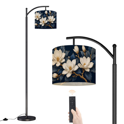  Arc Floor Lamp Elegant White Magnolia Flowers Tall Modern Standing Lamp LED Adjustable Linen Lampshade 3 Color Temperatures