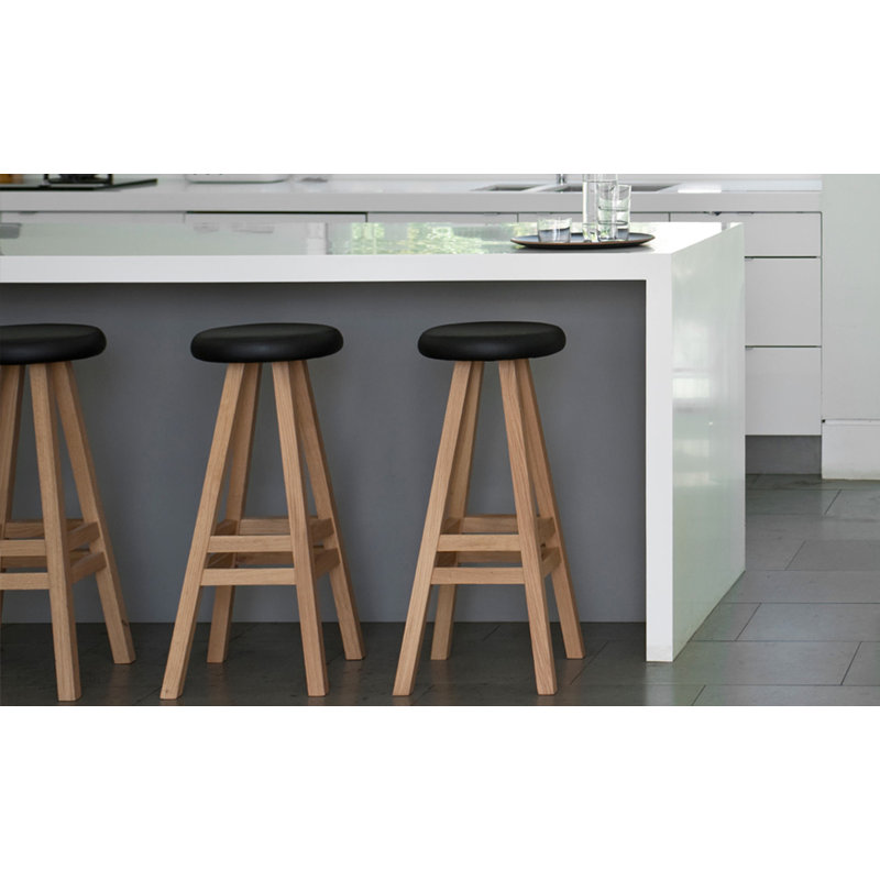 Oki-Nami Upholstered Stool with Solid Wood Frame, Black/Oak