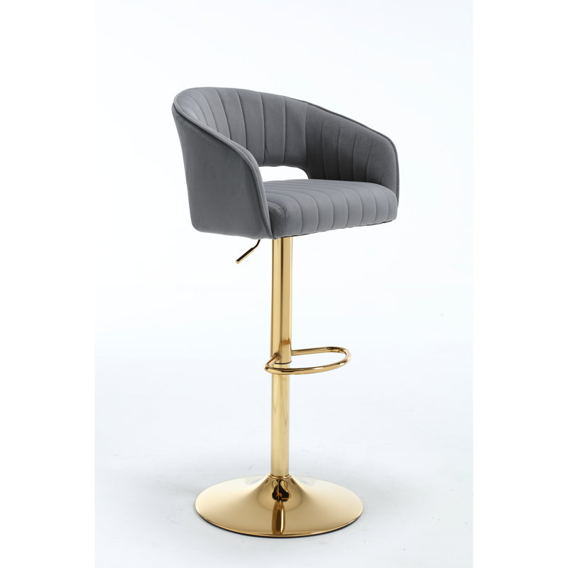 Chaise de bar en velours gris, hauteur réglable, pieds en corne dorée gris - hauteur, support pour le dos, apparence unique