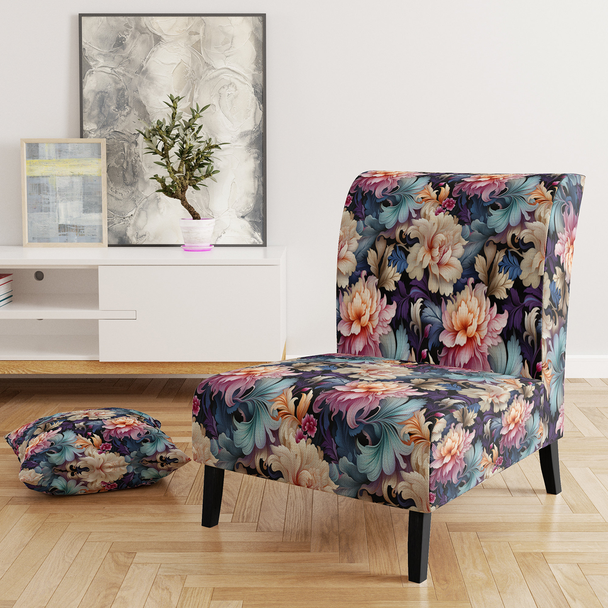 Red Barrel Studio® Blue And Pink Flowers Paisley Botanic Pattern -  Upholstered Bohemian Accent Slipper Chair | Wayfair, image size:2000x2000