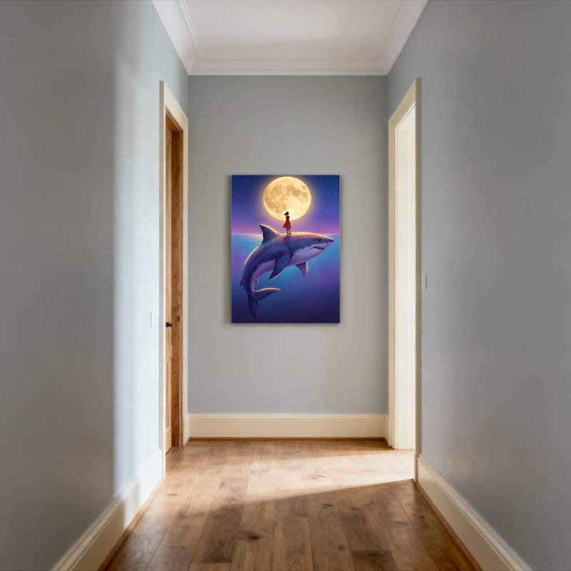 Shark And Girl Under Moonlight Canvas Wrapped Wall Art Oil Painting Print Set Of 1, 18" H x 12" W