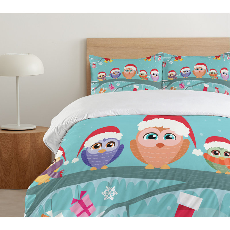 Christmas Twin Size Cute Owl Family Duvet Cover Set