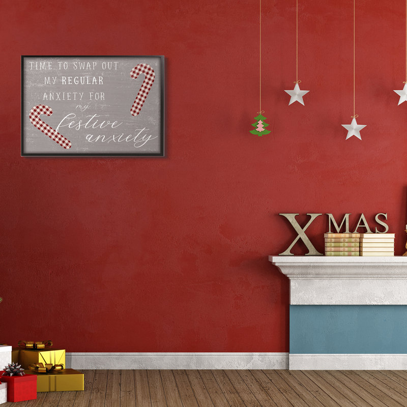 Festive Anxiety Time Chistmas Saying Plaid Candy Canes, H 24 po x l 30 po, Giclée encadrée noir minuit