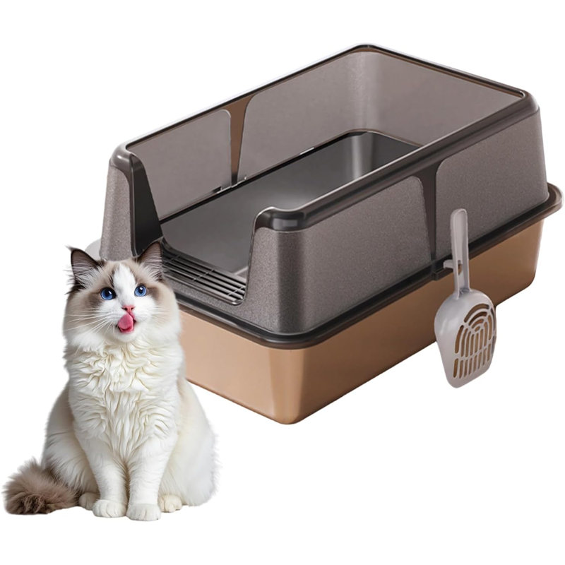 Bac à litière pour chat en acier inoxydable à haut haut, grand bac à litière en métal à ouverture latérale avec couvercle et pelle antiadhésive, résistant aux éclaboussures et aux fuites, facile à nettoyer et durable, profondeur de 8 po