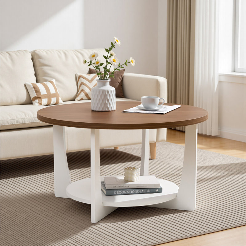 Table basse 31,5 po à pieds en bois massif avec rangement à 2 niveaux, Noyer/blanc