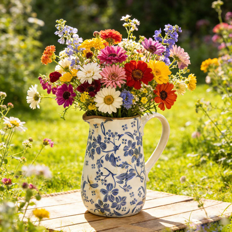 6.3X4.5X7.1" Ceramic Pitcher Vase With Handle, 7.1" H x 6.3" W x 4.5" D, White/Blue