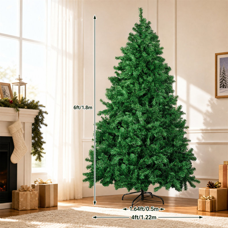 Arbre de Noël artificiel à charnières non éclairées, branches denses, décoration de Noël réaliste, 6 pi, Vert