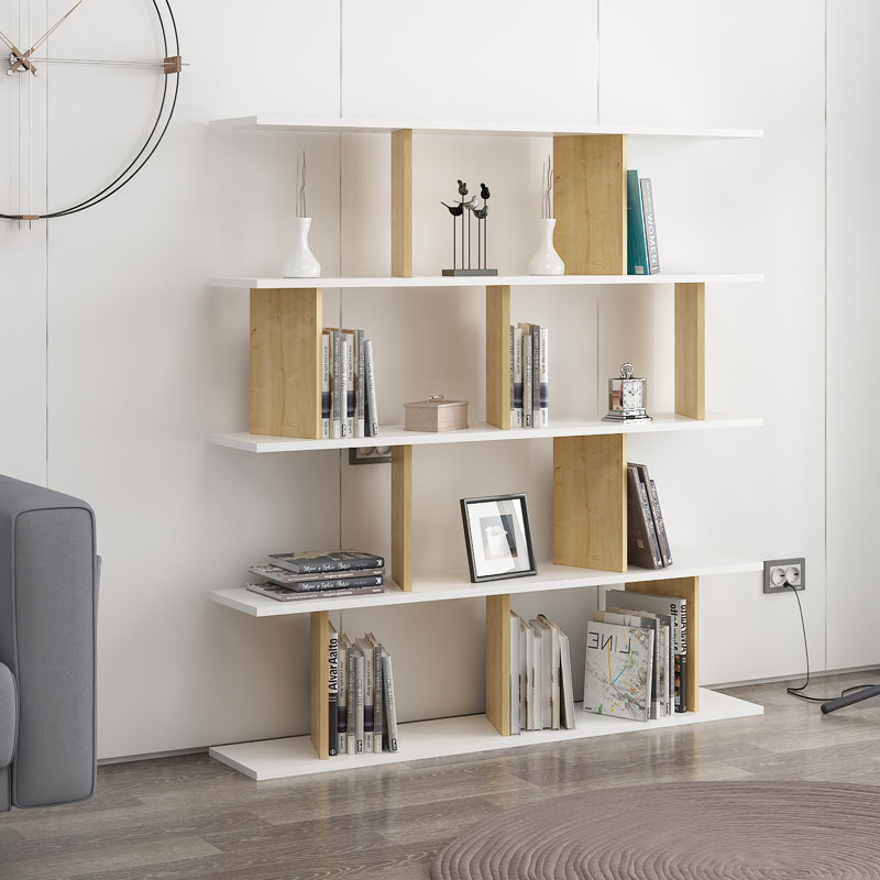 Jayvianna 53.9" H x 51.6" W Modern Geometric Bookcase, White/Oak