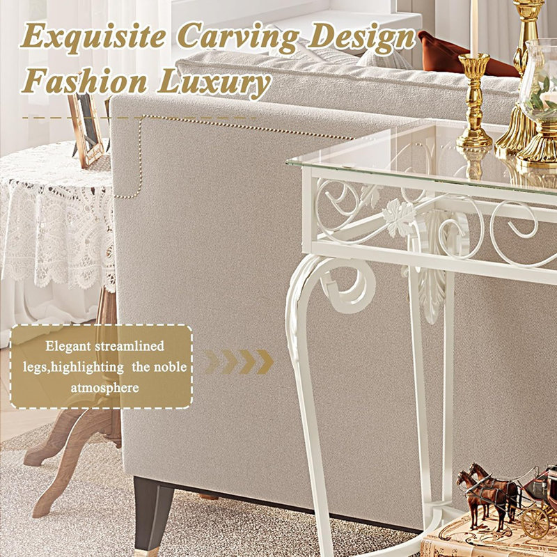 Console de 47,2 po, canapé en verre trempé avec structure en métal, consoles de salon, vestibule, couloir, vestibule, pieds réglables (blanc)