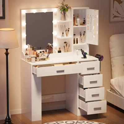 Vanity Desk With Mirror, Led Lights And Power Outlet Makeup Vanity Table With Drawer & Storage Shelves