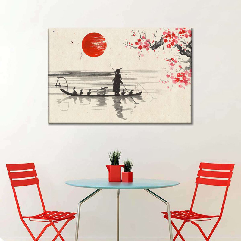 Bateau japonais sur toile, H 8 po x l 12 po x P 1 po