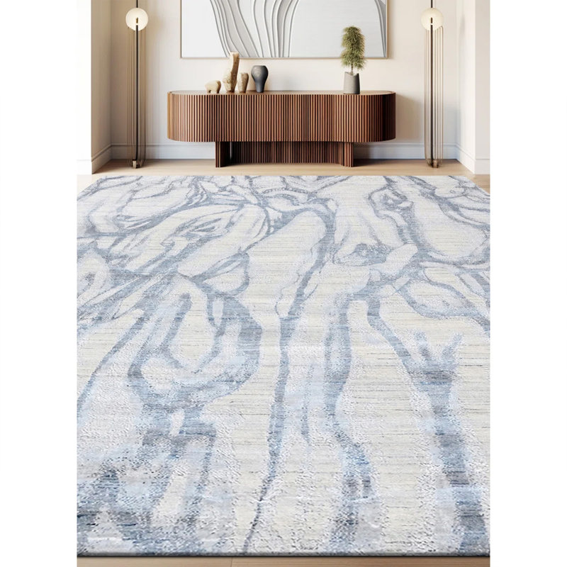 Abstract Area Rug in Blue/White, Rectangle 6' x 9'