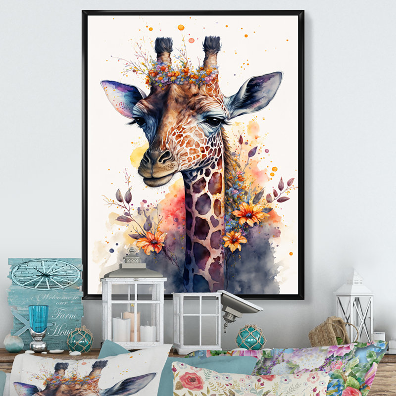 «Cute Giraffe Floral Art I», peinture sur toile, H 32 po x l 24 po x P 1 po, Toile avec cadre flottant noir