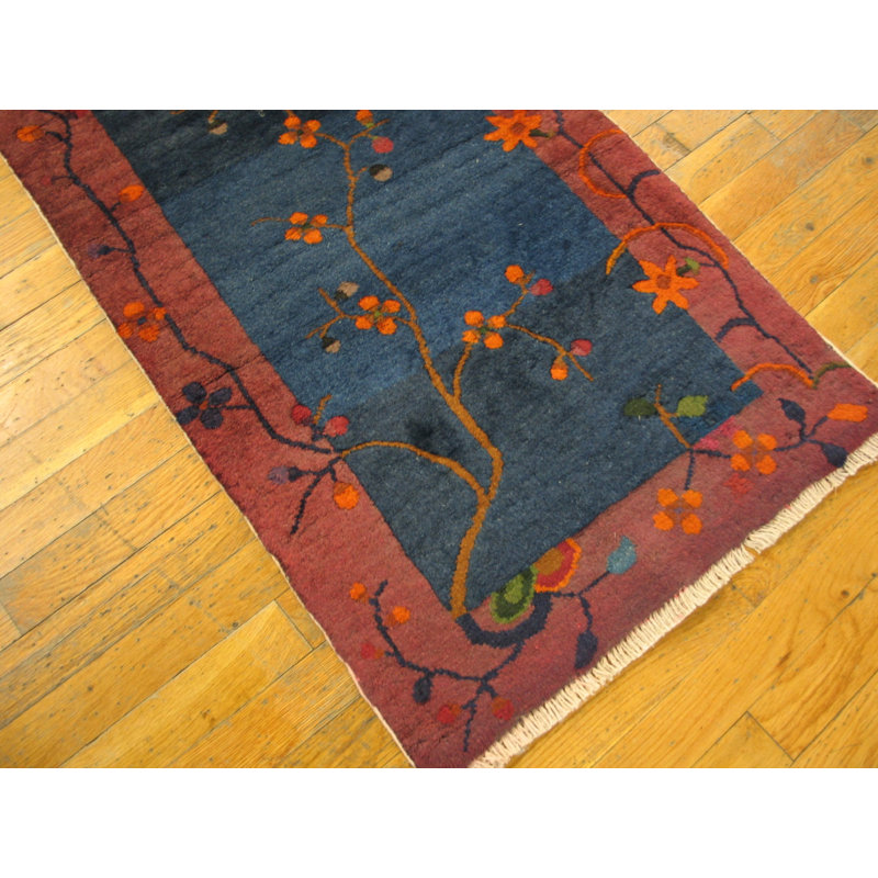 Hand Knotted Pile Blue Allover Floral Antique Wool 1920s Chinese Deco Hall Runner Rug
