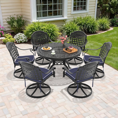 7-Piece 47.24" Round Outdoor Dining Set with Umbrella Hole, 6 Swivel Chairs, Blue Cushions