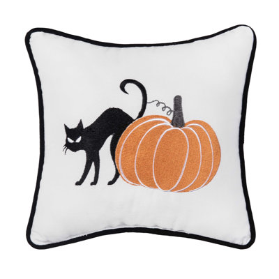 Cat and Pumpkin Embroidered and Piped Halloween Throw Pillow 10" x 10"