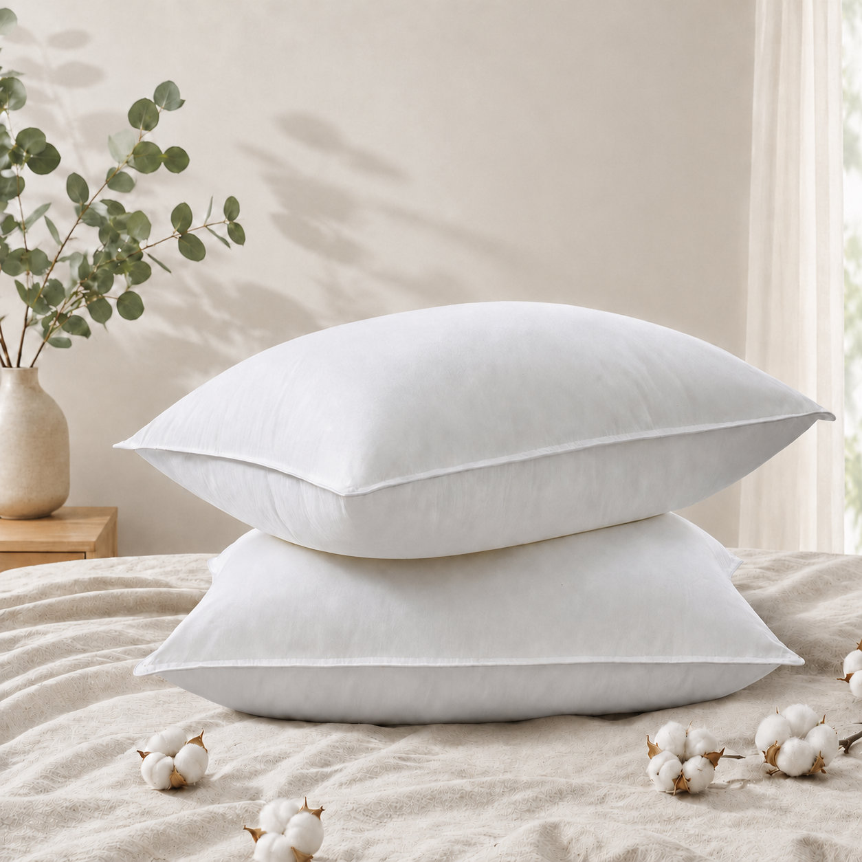 100% Cotton Feather-Proof Polyester Pillow Set of 2 – Breathable Cotton Cover & Durable Polyester Fill – Hypoallergenic Bed Pillow with Feather-Resistant Shell for All Sleep Positions
