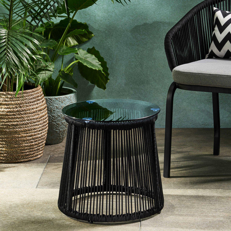 Table d'appoint moderne avec corde tissée et verre trempé robuste d'une hauteur de 16,82 po avec plateau tissé - P 15,08 po