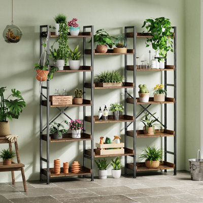 Industrial Bookshelf: a Spacious 5-Tier Wide Bookcase with 14 Open Shelves. Features a Sturdy Metal Frame & Tall Storage Rack Design