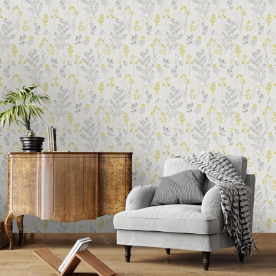 Holden Meadow Floral Wallpaper Trail Ochre Yellow Grey 12895