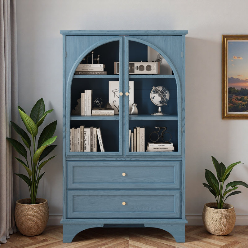 Armoire de rangement vitrée avec 2 tiroirs et tablettes réglables